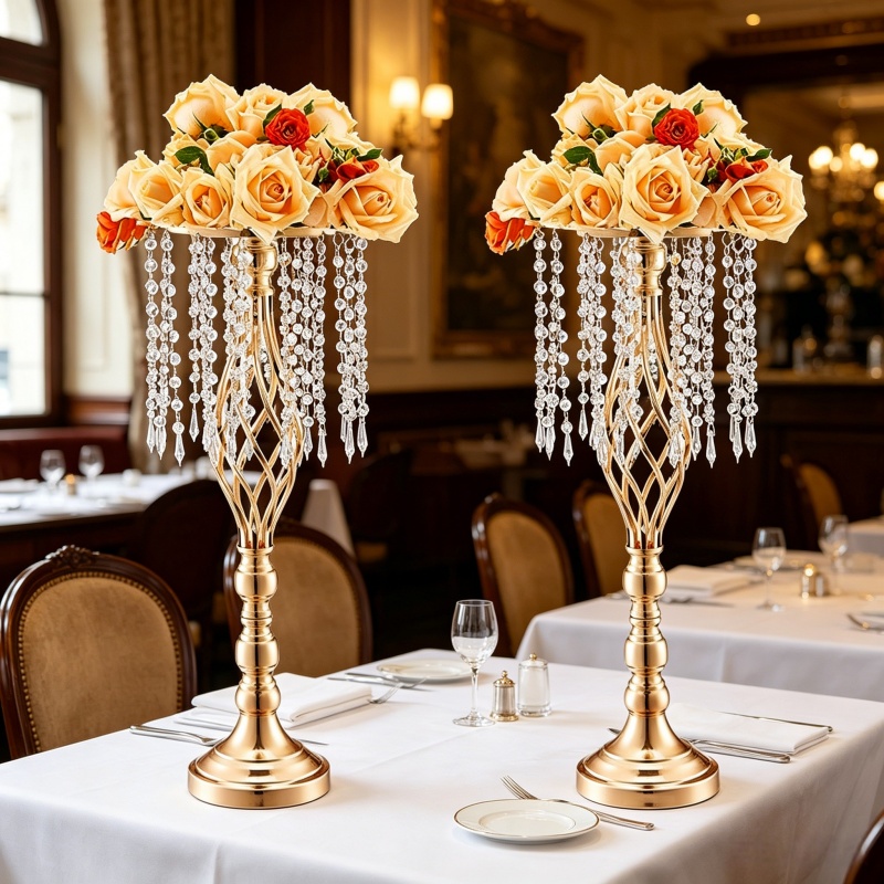 Florist Supply Vases - แจกันดอกไม้คริสตัลสีทองทรงสูง ดีไซน์หรูหรา พร้อมลูกปัดห้อยประดับ สำหรับตกแต่งโต๊ะงานแต่งงานและบ้าน
